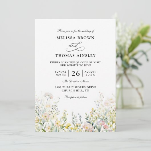 Wildflowers Elegant Modern Budget QR Code Wedding 招待状 (スタンド正面)