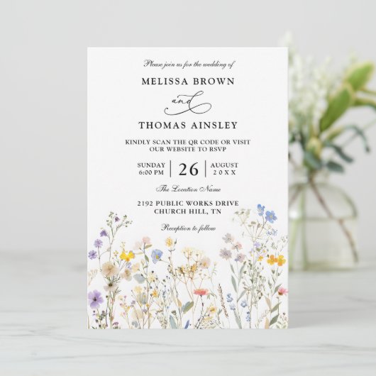 Wildflowers Elegant Modern Budget QR Code Wedding 招待状 (スタンド正面)
