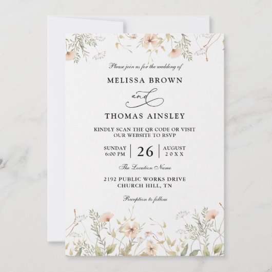 Wildflowers Elegant Modern Budget QR Code Wedding 招待状 (正面)