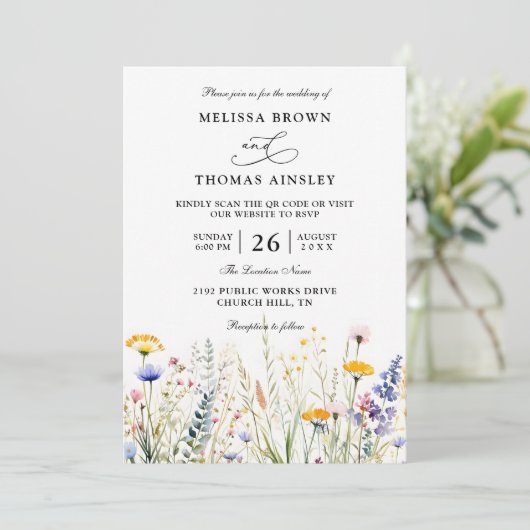 Wildflowers Elegant Modern Budget QR Code Wedding 招待状 (スタンド正面)