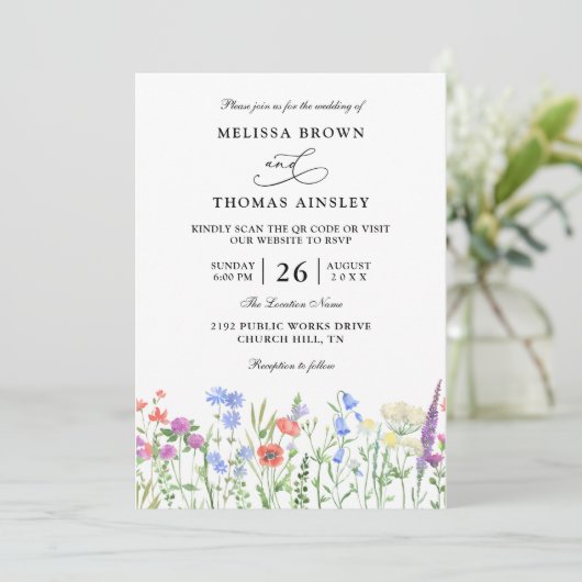 Wildflowers Elegant Modern Budget QR Code Wedding 招待状 (スタンド正面)