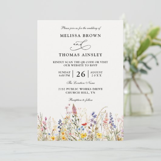 Wildflowers Elegant Modern Budget QR Code Wedding 招待状 (スタンド正面)