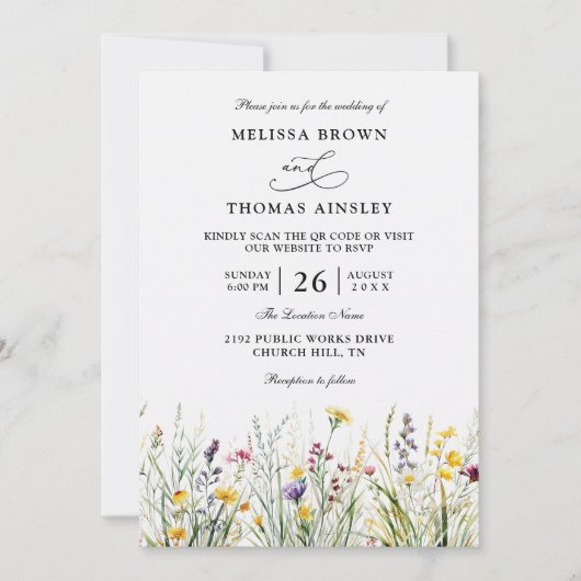 Wildflowers Elegant Modern Budget QR Code Wedding 招待状 (正面)