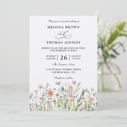 Wildflowers Elegant Modern Budget QR Code Wedding 招待状 (スタンド正面)