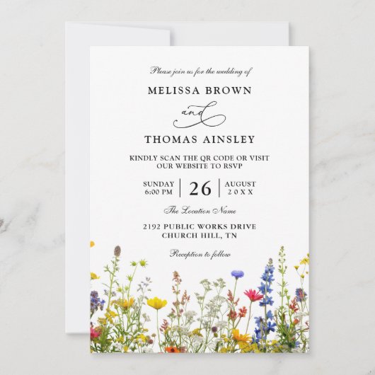 Wildflowers Elegant Modern Budget QR Code Wedding 招待状 (正面)