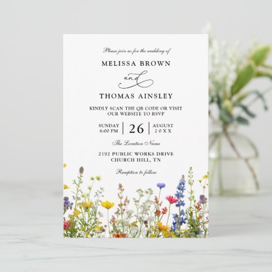 Wildflowers Elegant Modern Budget QR Code Wedding 招待状 (スタンド正面)