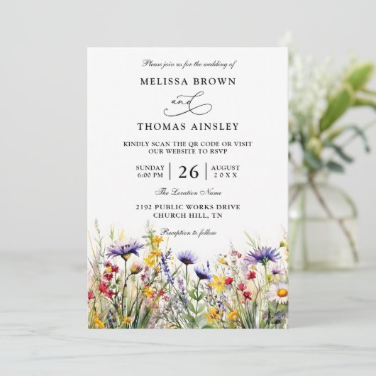 Wildflowers Elegant Modern Budget QR Code Wedding 招待状 (スタンド正面)