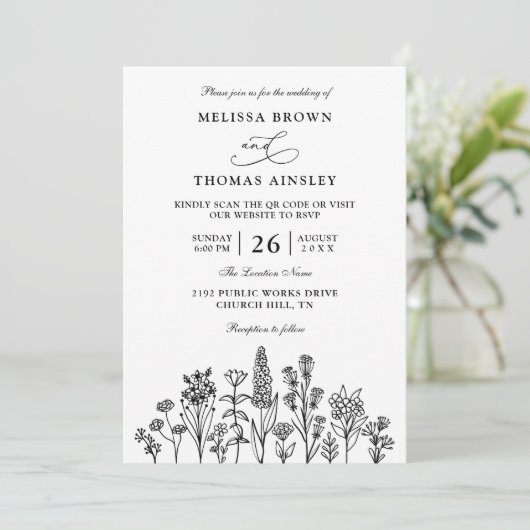 Wildflowers Elegant Modern Budget QR Code Wedding 招待状 (スタンド正面)
