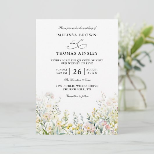 Wildflowers Elegant Modern Budget QR Code Wedding 招待状 (スタンド正面)