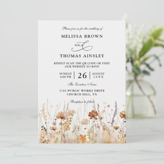 Wildflowers Elegant Modern Budget QR Code Wedding 招待状 (スタンド正面)