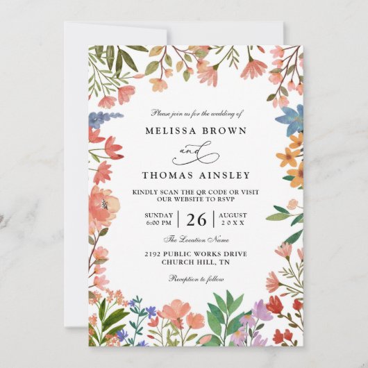 Wildflowers Elegant Modern Chic QR Code Wedding 招待状 (正面)