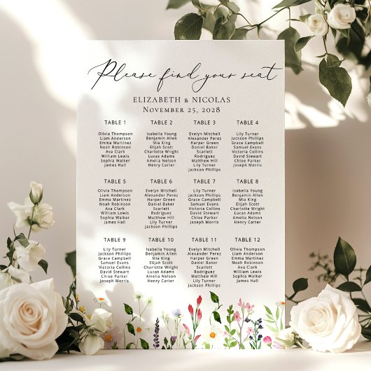 Wildflowers Elegant Wedding Seating Chart ポスター