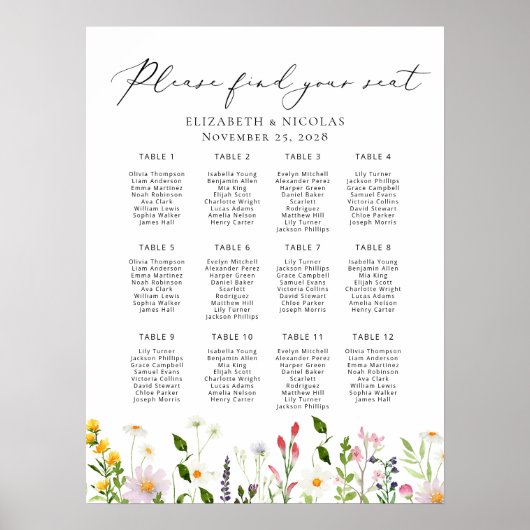 Wildflowers Elegant Wedding Seating Chart ポスター (正面)
