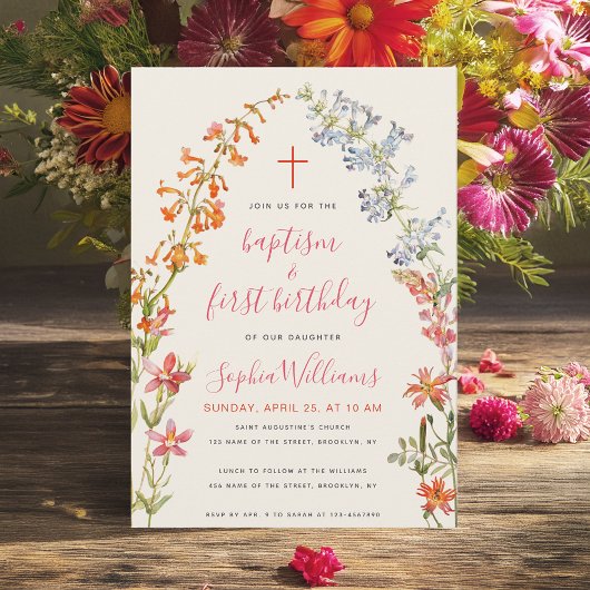 Wildflowers Floral Girl Baptism and First Birthday 招待状