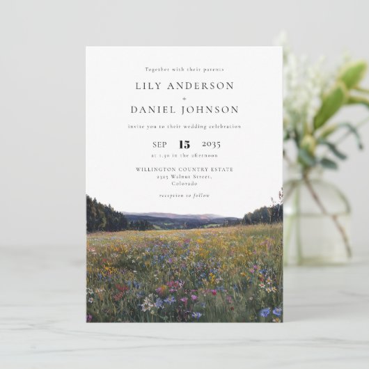 Wildflowers Floral Meadow QR Code Wedding 招待状 (スタンド正面)