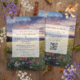 Wildflowers Floral Meadow QR Code Wedding 招待状