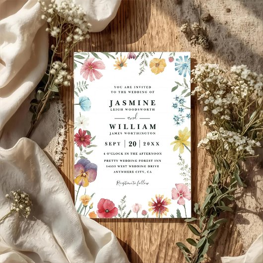 Wildflowers Fresh Meadow Rustic QR Code Wedding 招待状