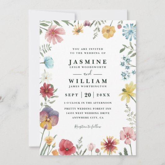 Wildflowers Fresh Meadow Rustic QR Code Wedding 招待状 (正面)