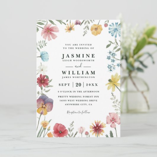 Wildflowers Fresh Meadow Rustic QR Code Wedding 招待状 (スタンド正面)