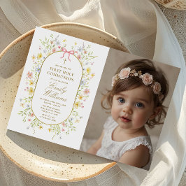 Wildflowers Gold Cross First Communion Photo 招待状