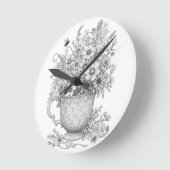 Wildflowers & Honey Bee Ink Art Wall Clock ラウンド壁時計 (傾斜)