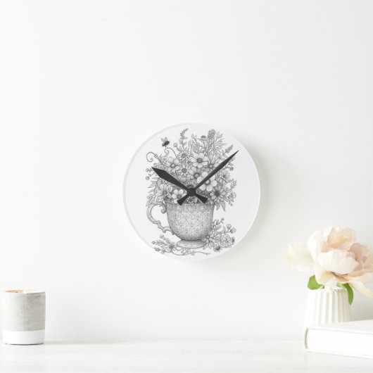 Wildflowers & Honey Bee Ink Art Wall Clock ラウンド壁時計 (ホーム)