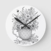 Wildflowers & Honey Bee Ink Art Wall Clock ラウンド壁時計 (正面)