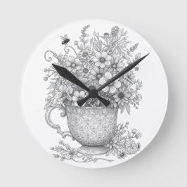 Wildflowers & Honey Bee Ink Art Wall Clock ラウンド壁時計