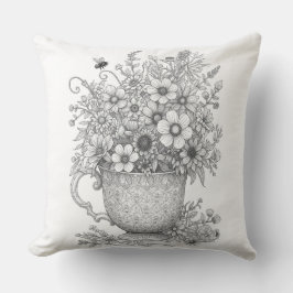 Wildflowers & Honey Bee Ink Sketch Throw Pillow クッション
