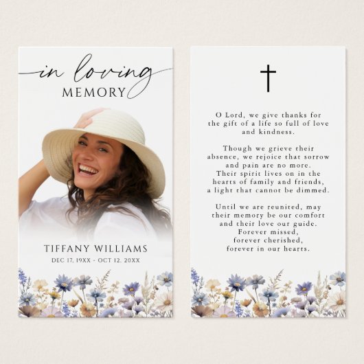 Wildflowers Loving Memory Cross Photo Prayer Card (正面&裏面)