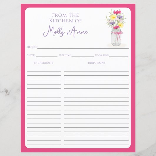 Wildflowers Mason Jar Pink Country Recipe Sheets (正面)