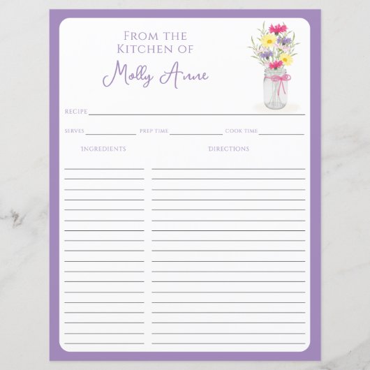 Wildflowers Mason Jar Purple Country Recipe Sheets (正面)