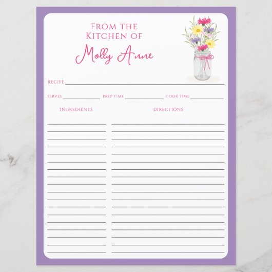 Wildflowers Mason Jar Purple & Pink Recipe Sheets (正面)