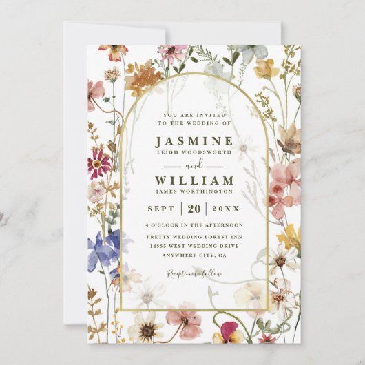 Wildflowers Meadow Arch Elegant QR Code Wedding 招待状 (正面)