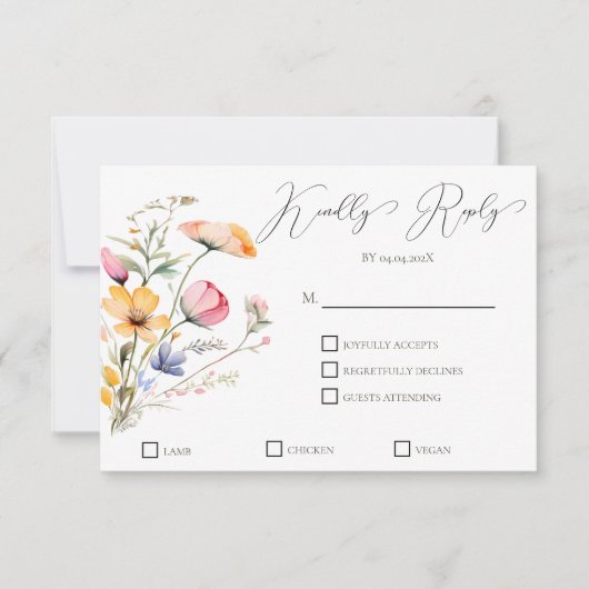 Wildflowers Meadow Watercolor Traditional Wedding 出欠カード (正面)
