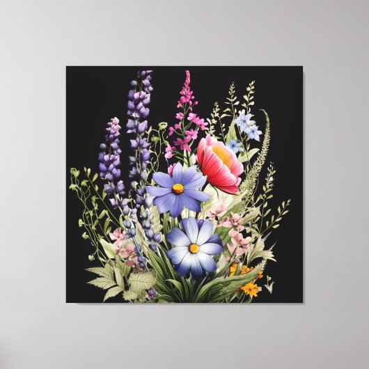 Wildflowers on Black Botanical キャンバスプリント (正面)