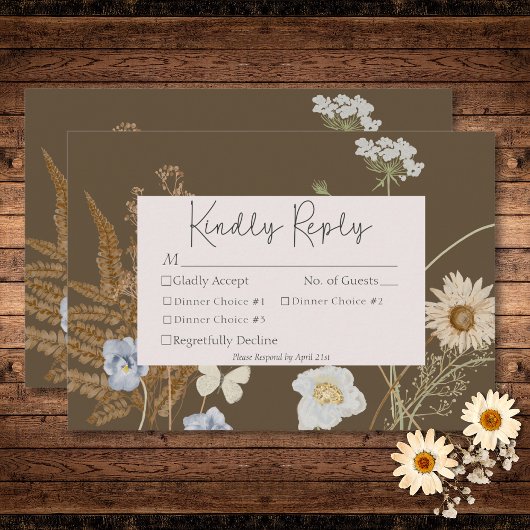 Wildflowers on Brown 結婚's Three Dinner 出欠カード