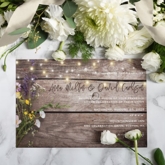 Wildflowers on Wood String Lights Rustic Wedding 招待状