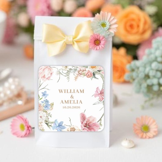 Wildflowers Pastel Floral Garden Party  Wedding スクエアシール