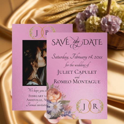 Wildflowers, Photo & Leaf Monogram - Rose Pink セーブザデート