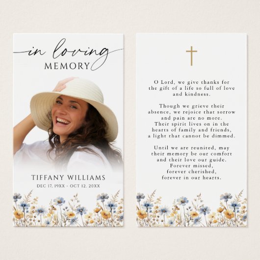 Wildflowers Photo Loving Memory Cross Prayer Card (正面&裏面)