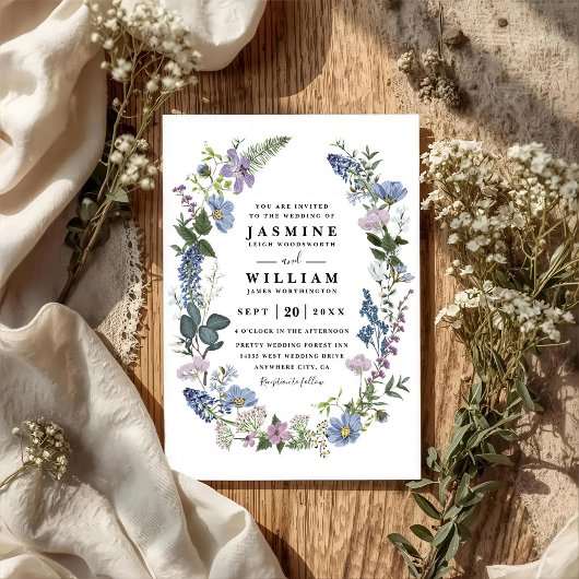Wildflowers Purple Elegant Modern QR Code Wedding 招待状