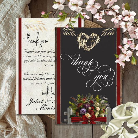 Wildflowers & Ribbon - 赤いThank Youカード サンキューカード