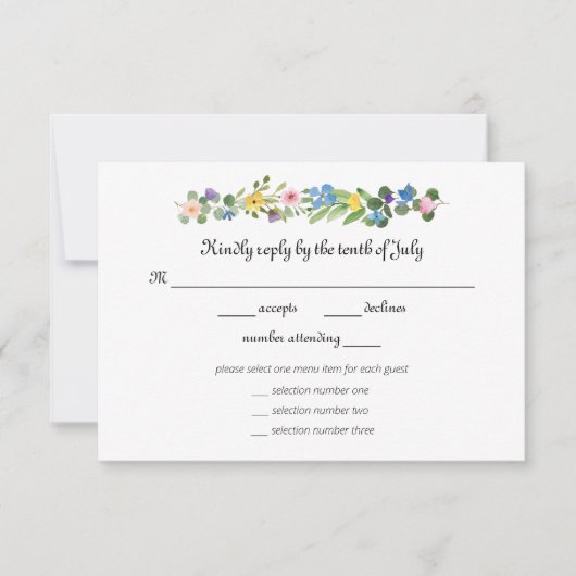 Wildflowers RSVPとメニュー選択応答カード 出欠カード (正面)