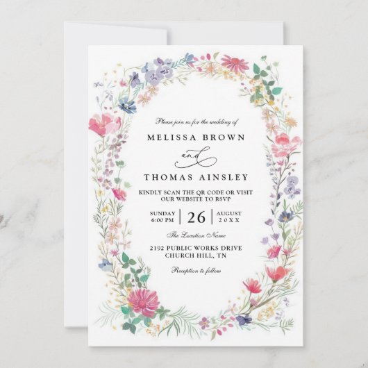 Wildflowers Rustic Elegant Modern QR Code Wedding 招待状 (正面)