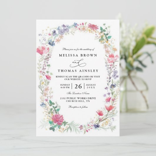 Wildflowers Rustic Elegant Modern QR Code Wedding 招待状 (スタンド正面)
