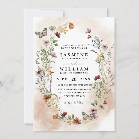 Wildflowers Rustic Elegant Modern QR Code Wedding 招待状 (正面)