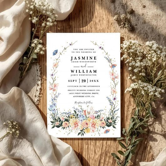 Wildflowers Rustic Spring Dusty QR Code Wedding 招待状