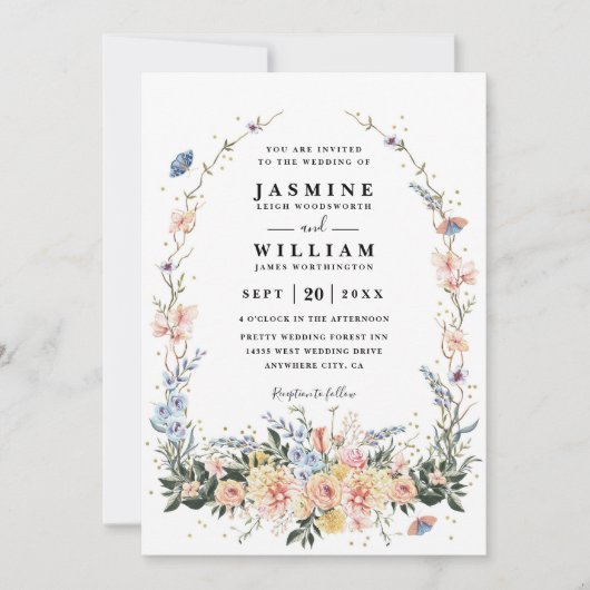Wildflowers Rustic Spring Dusty QR Code Wedding 招待状 (正面)