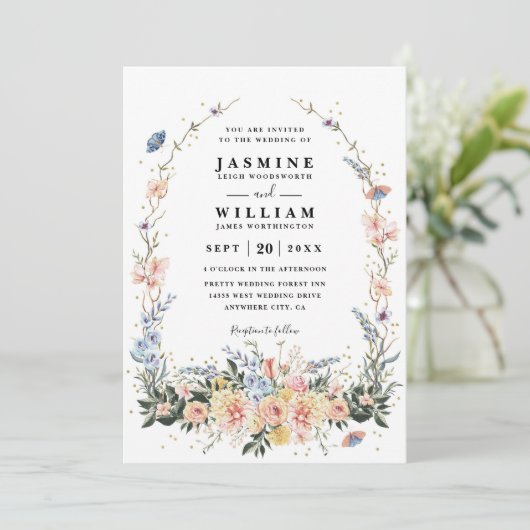 Wildflowers Rustic Spring Dusty QR Code Wedding 招待状 (スタンド正面)